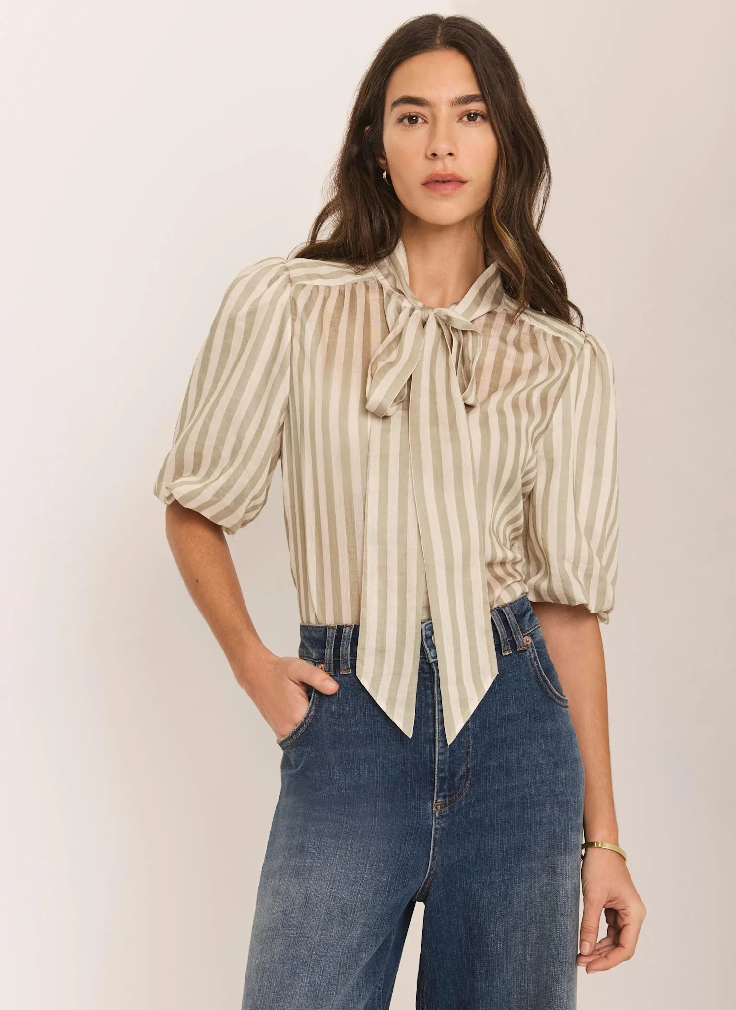 Green Striped Puff Sleeve Blouse