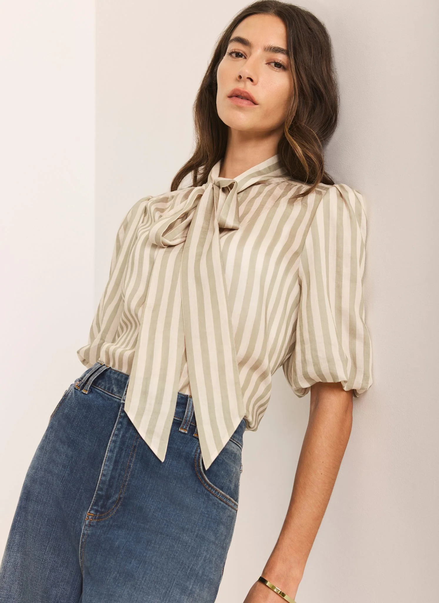 Green Striped Puff Sleeve Blouse - Image 2