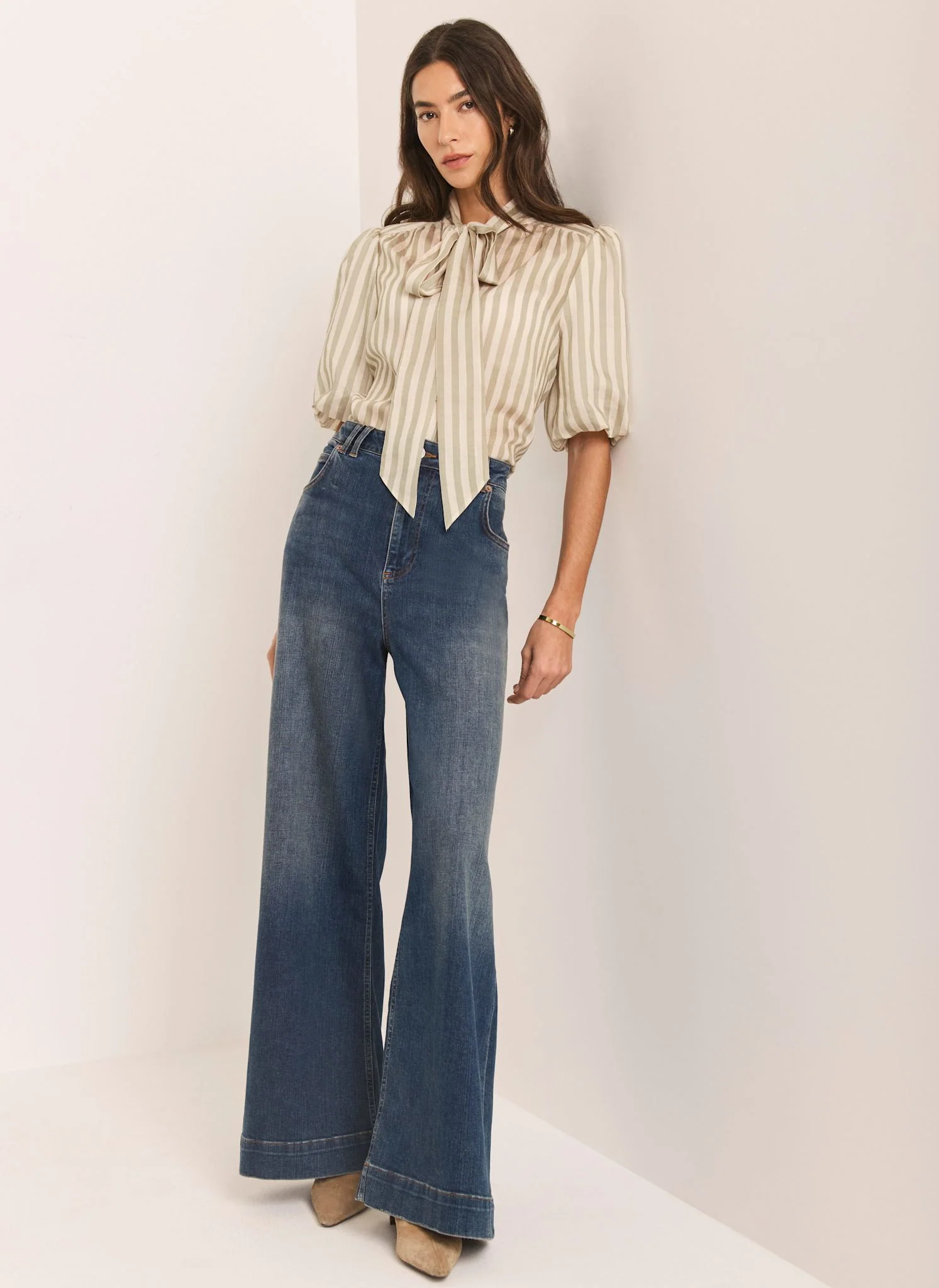 Green Striped Puff Sleeve Blouse - Image 4