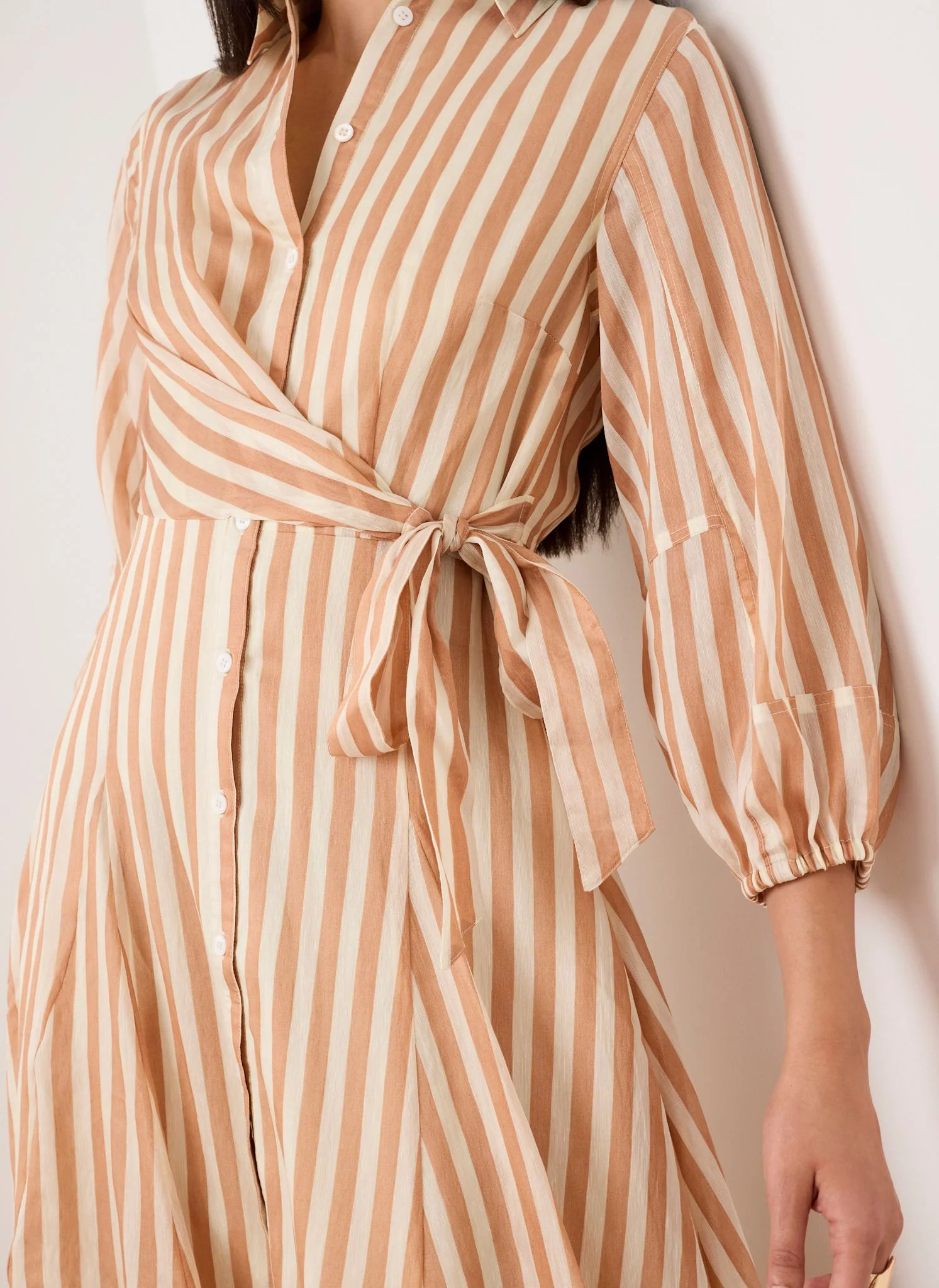 Orange Stripe Wrap Midi Shirt Dress - Image 5
