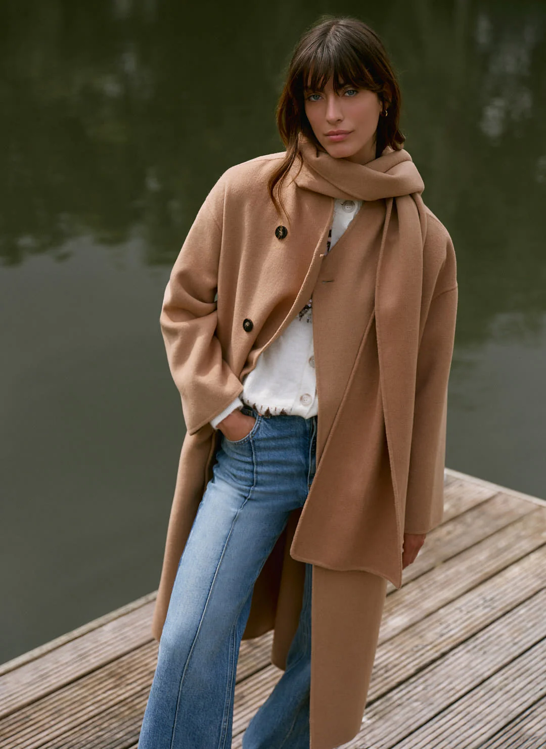 Tan Wool Blend Hand Finished Scarf Coat - Image 5
