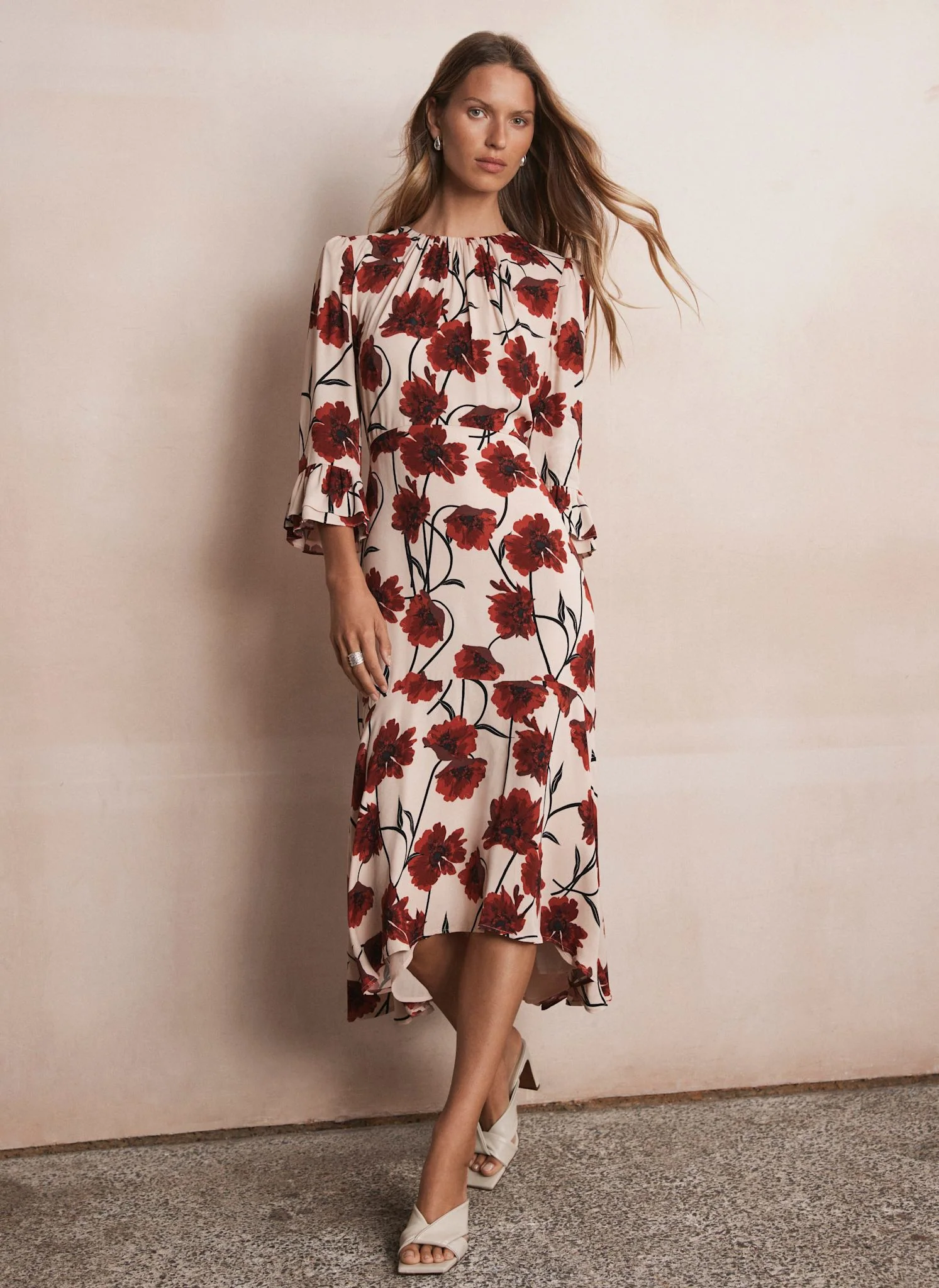 Neutral Floral Print Midi Dress - Image 2