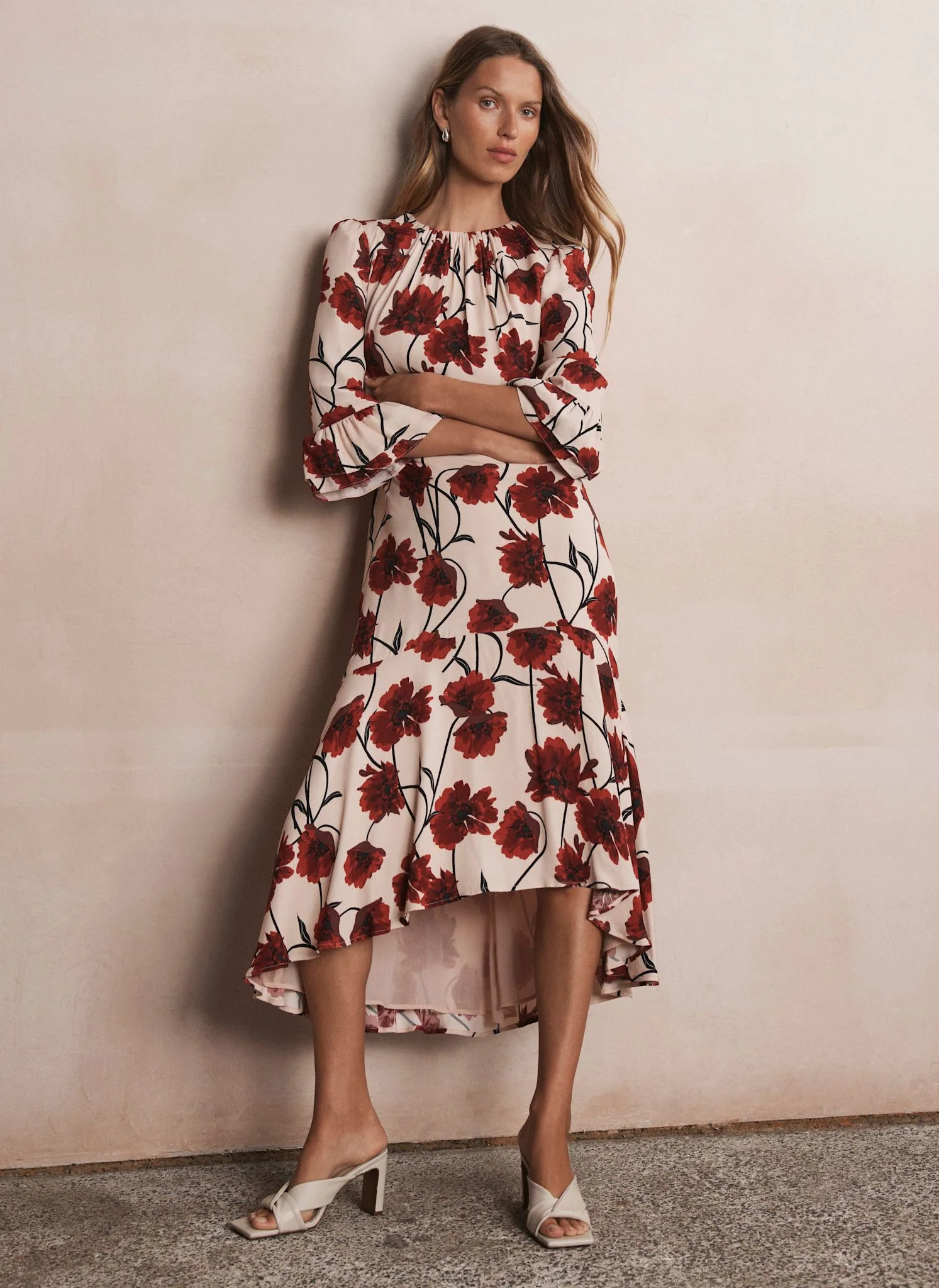 Neutral Floral Print Midi Dress - Image 5