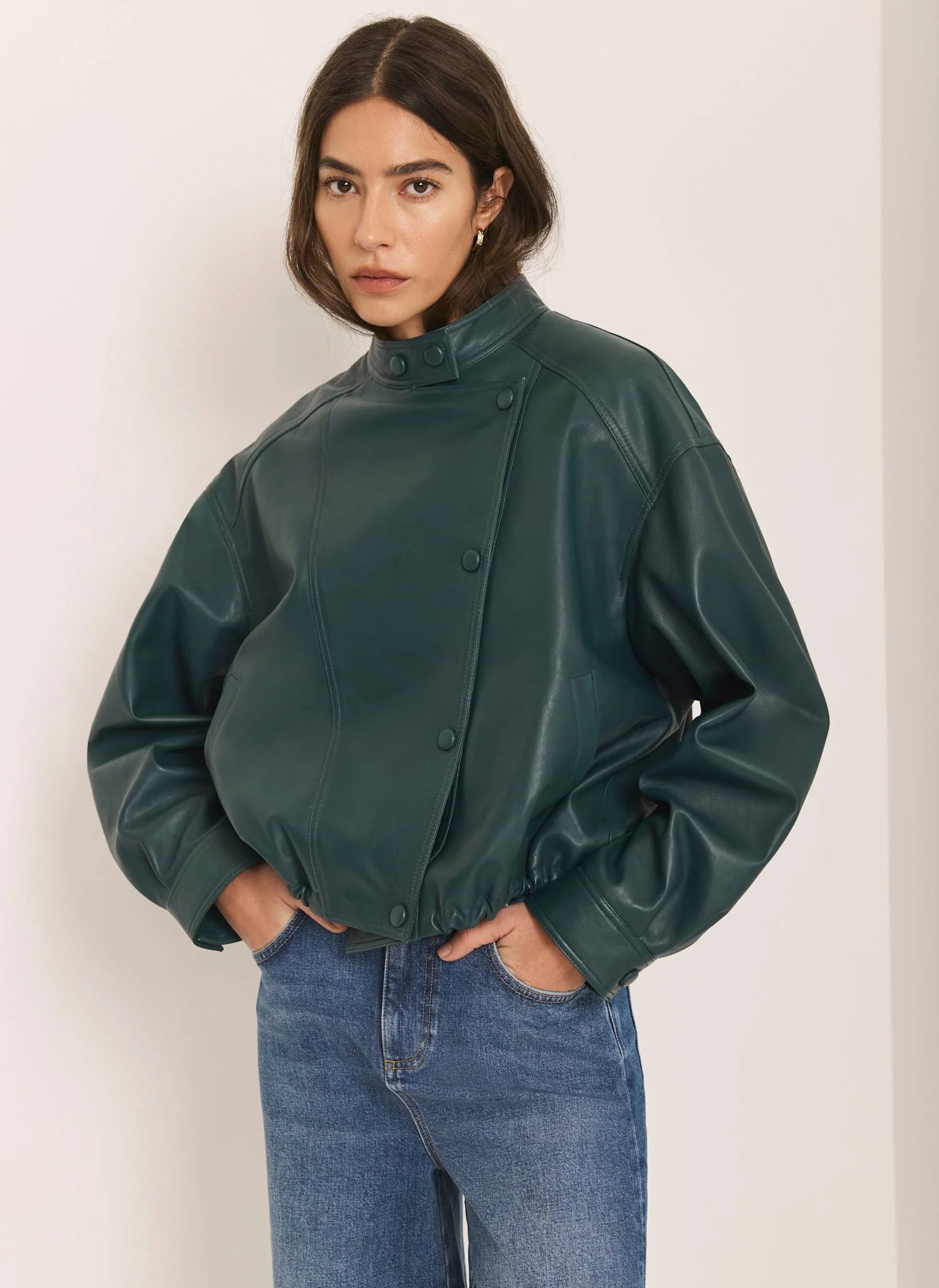 Teal Leather Cropped Pilot Bomber Jacket - Image 2