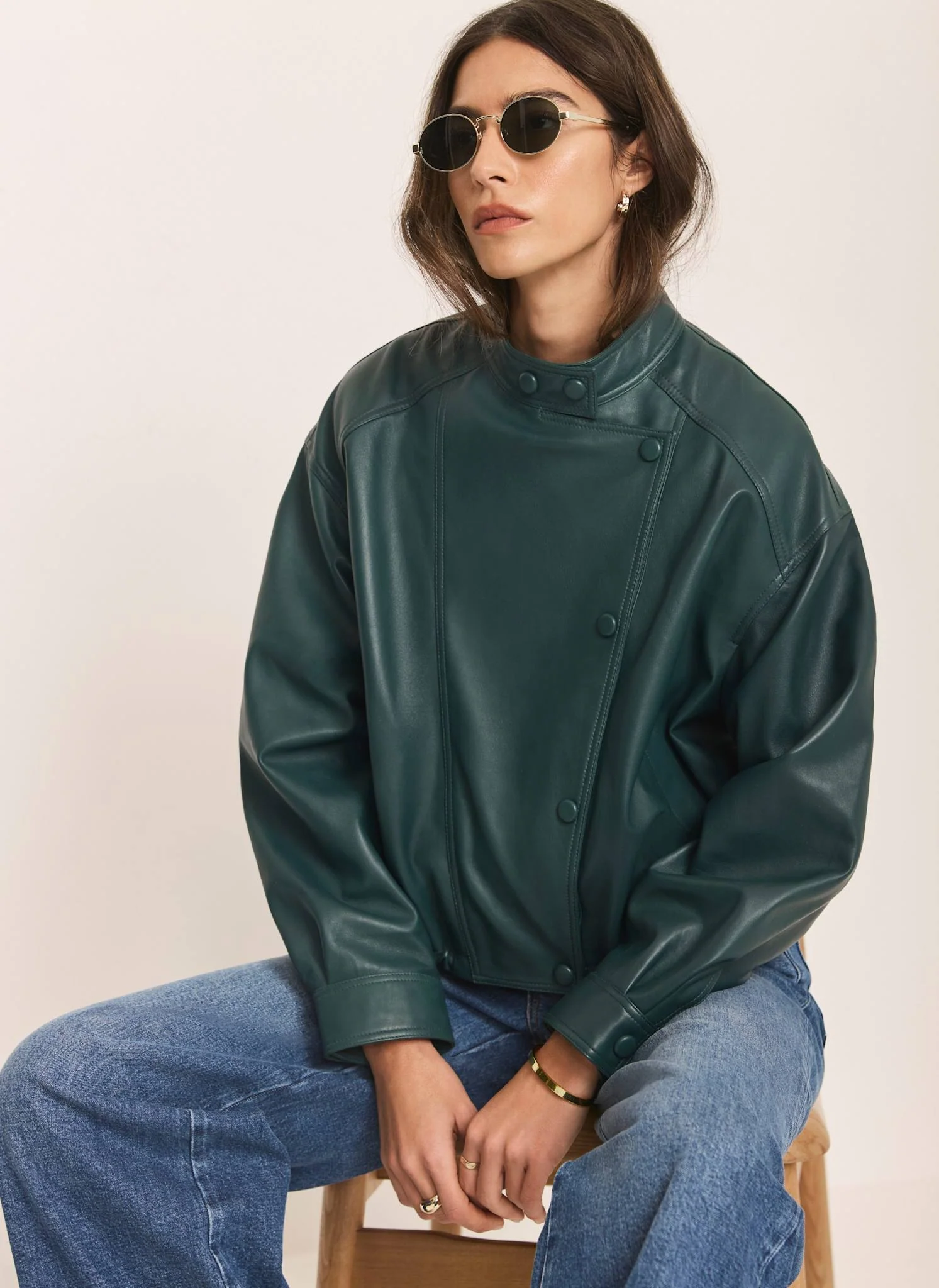 Teal Leather Cropped Pilot Bomber Jacket - Image 3