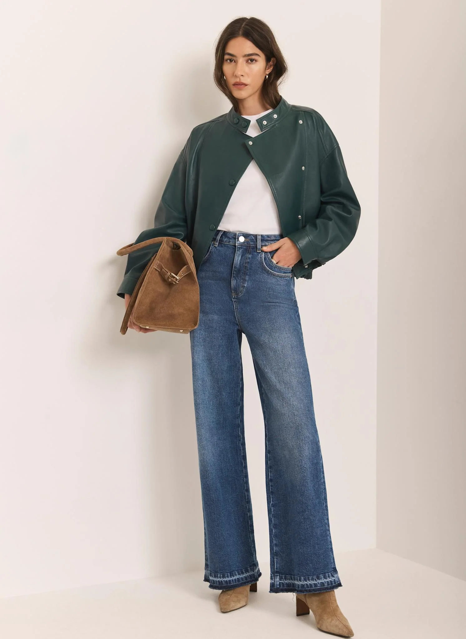 Teal Leather Cropped Pilot Bomber Jacket - Image 4