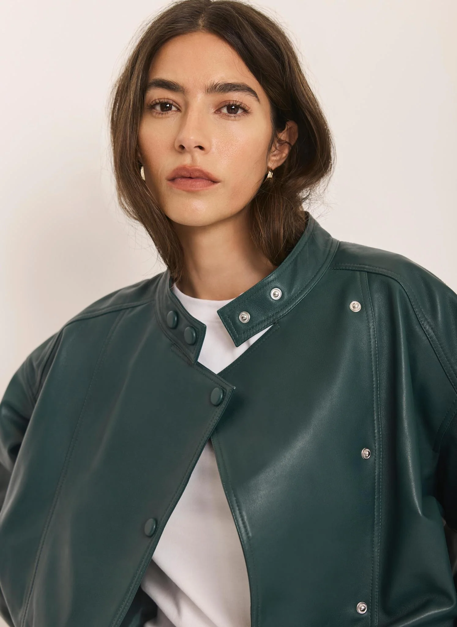 Teal Leather Cropped Pilot Bomber Jacket - Image 5