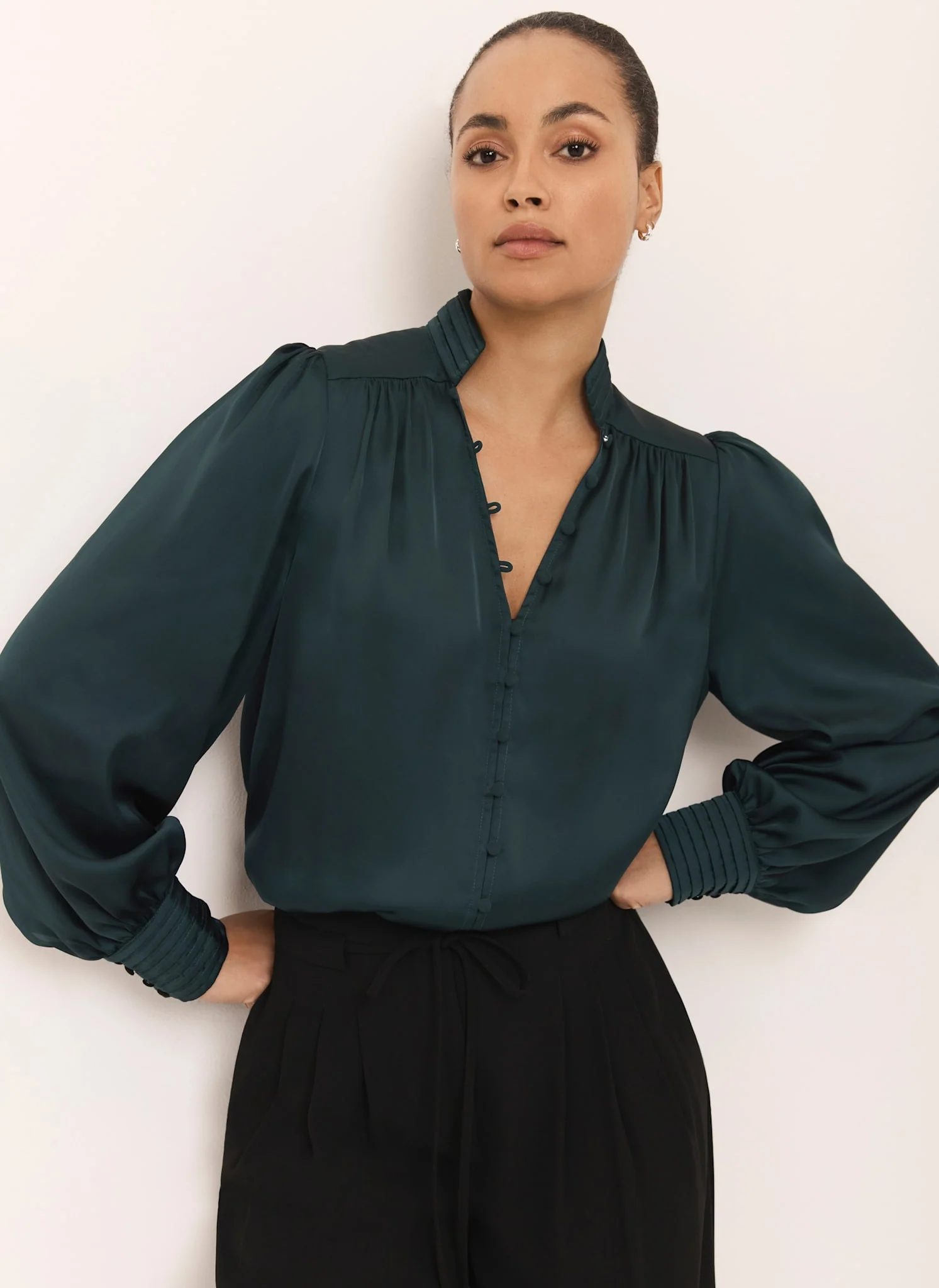 Teal Satin Long Sleeve Blouse - Image 2