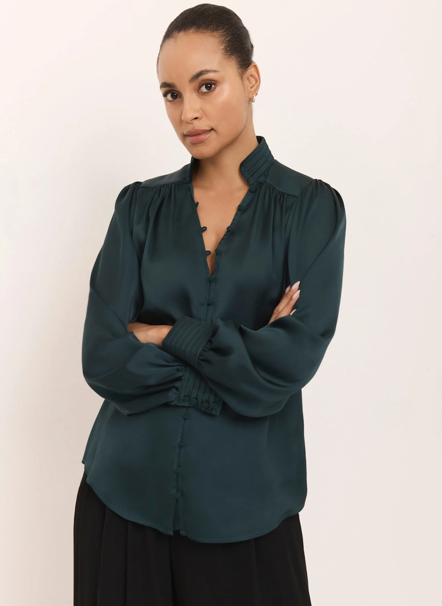 Teal Satin Long Sleeve Blouse - Image 3