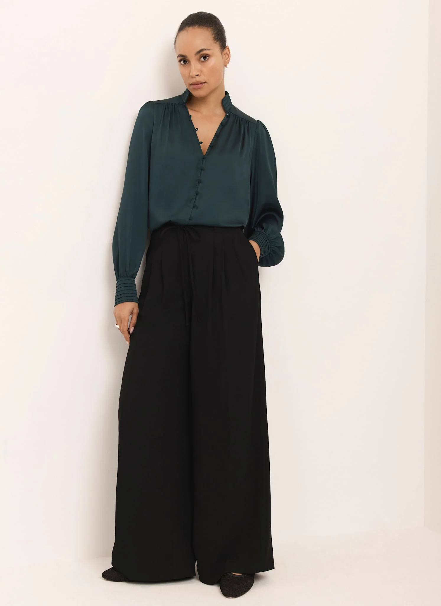 Teal Satin Long Sleeve Blouse - Image 4