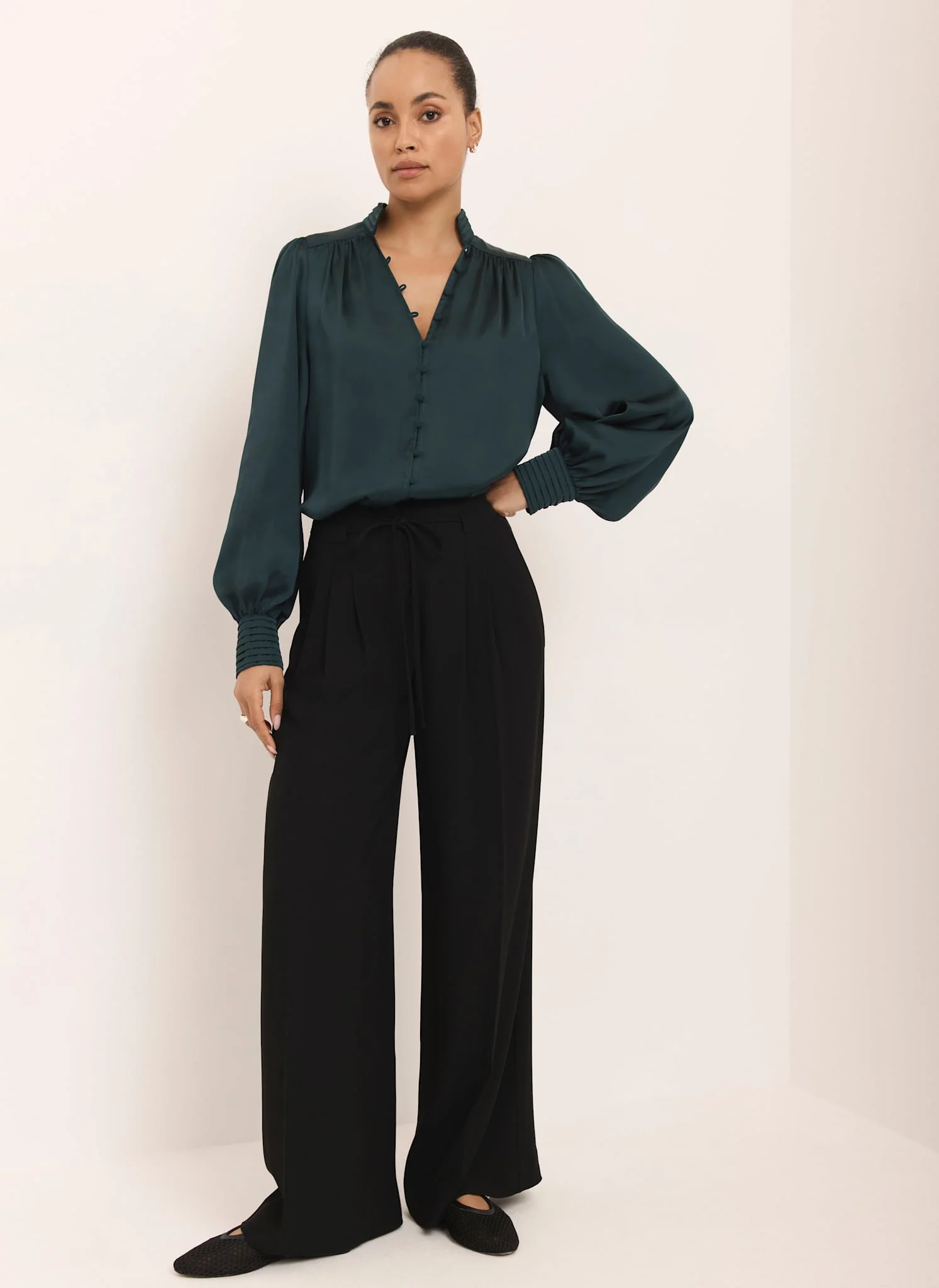 Teal Satin Long Sleeve Blouse - Image 6