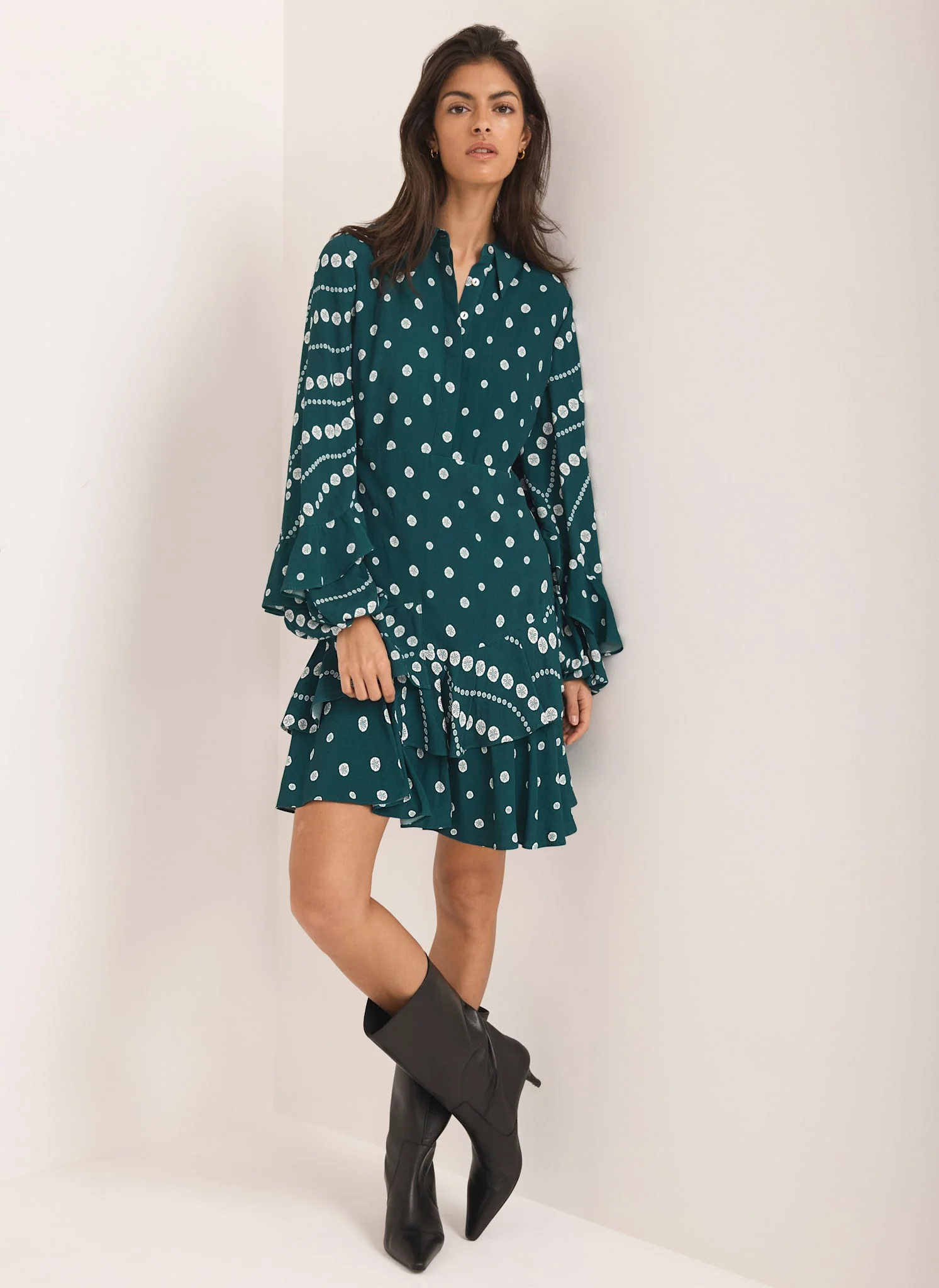 Teal Printed Ruffle Mini Dress