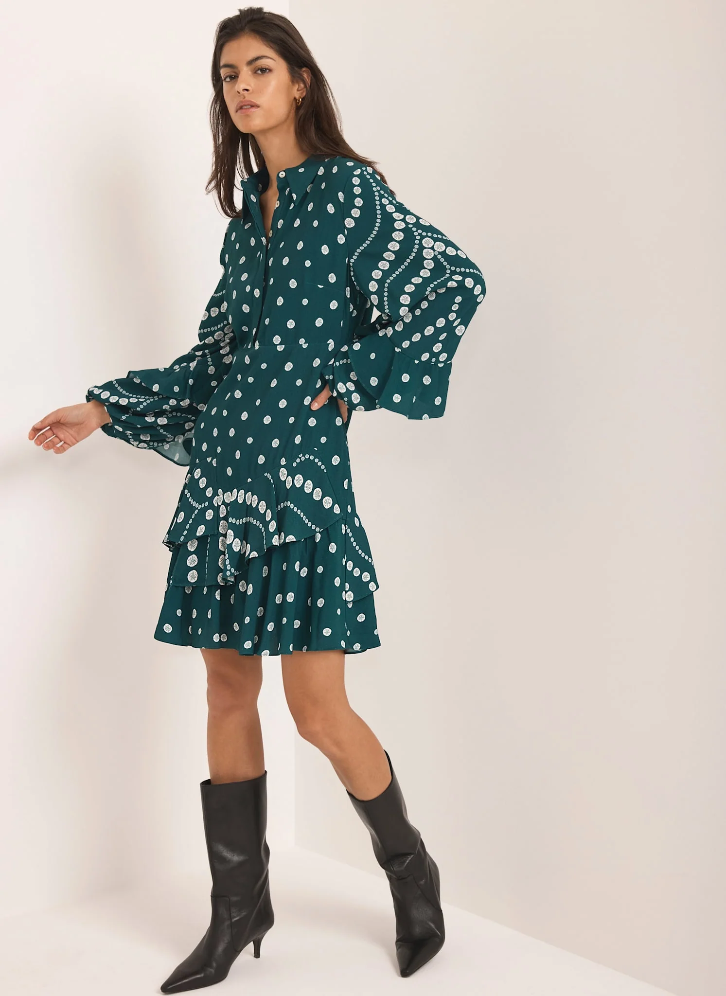 Teal Printed Ruffle Mini Dress - Image 2