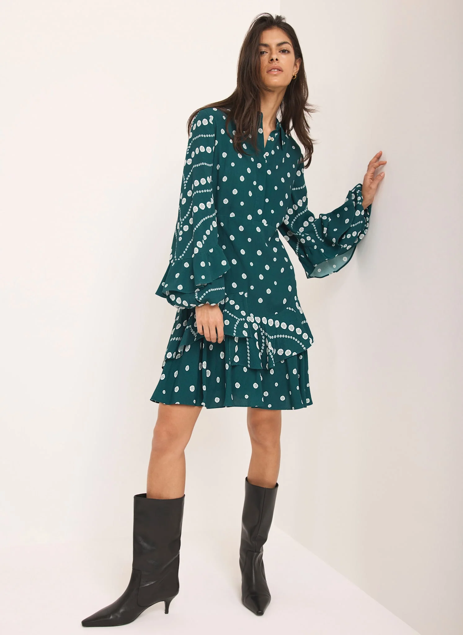 Teal Printed Ruffle Mini Dress - Image 4