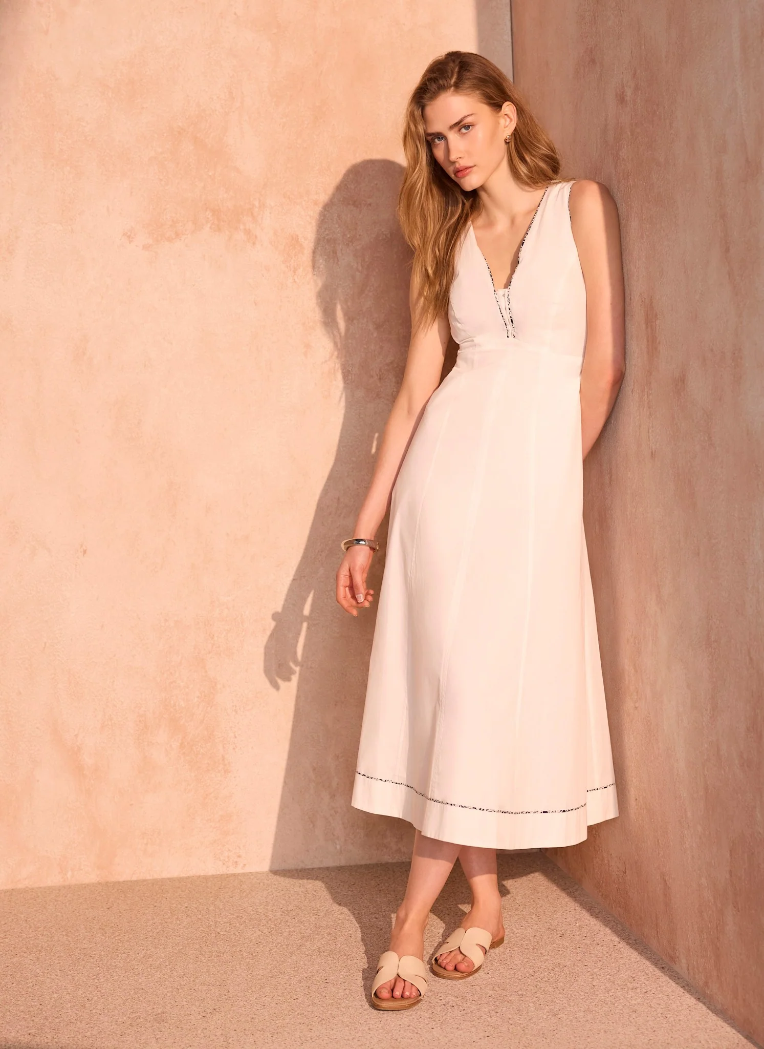 White Cotton Tie Detail Midi Dress - Image 3