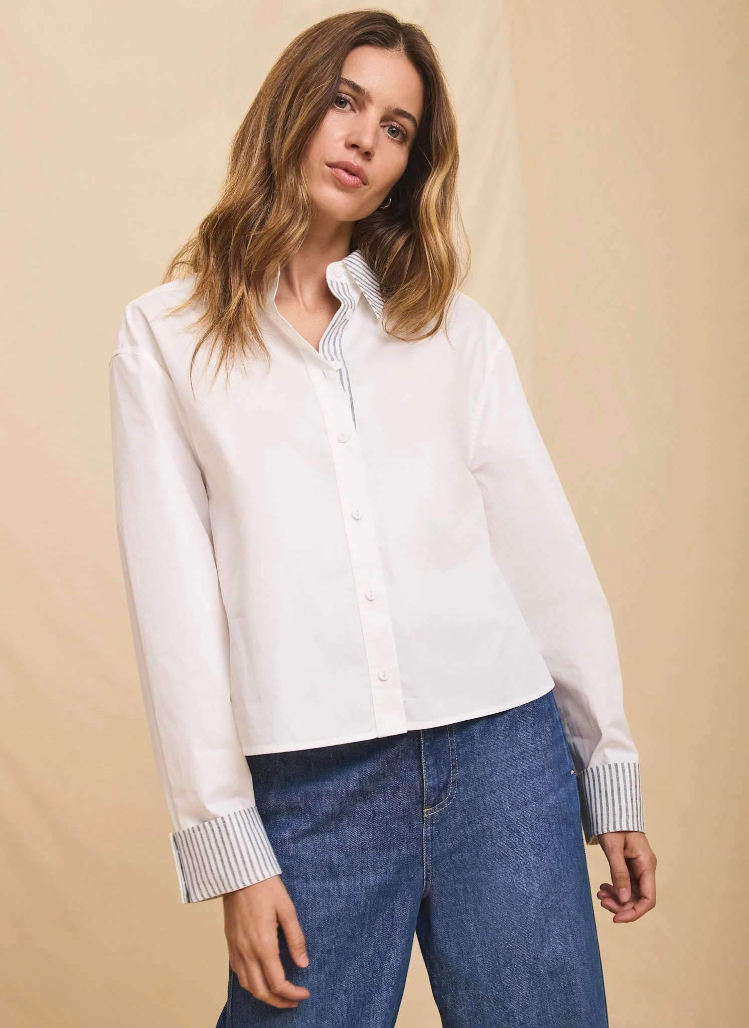 White Cotton Stripe Detail Cropped Shirt - Image 2