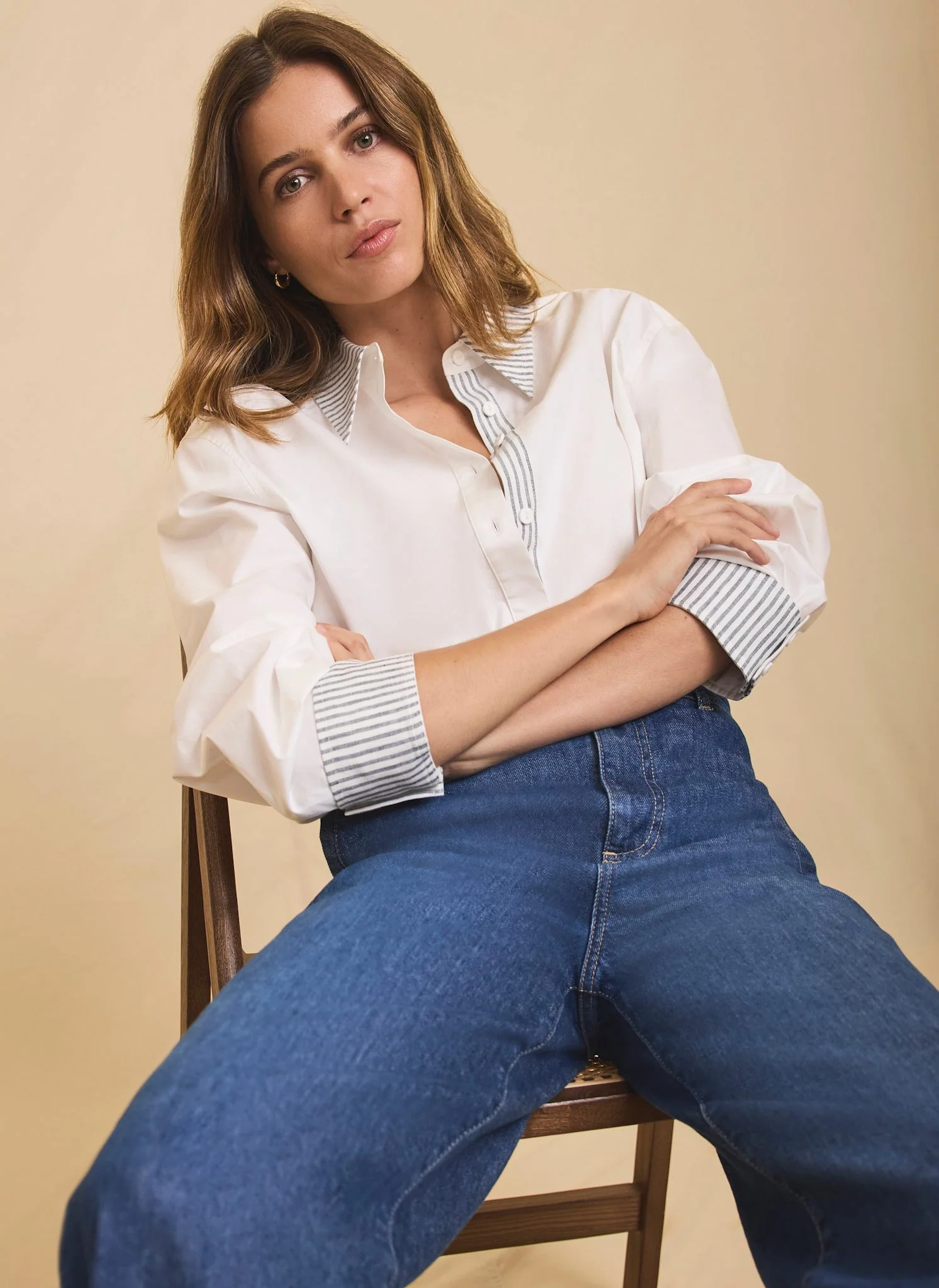 White Cotton Stripe Detail Cropped Shirt - Image 5