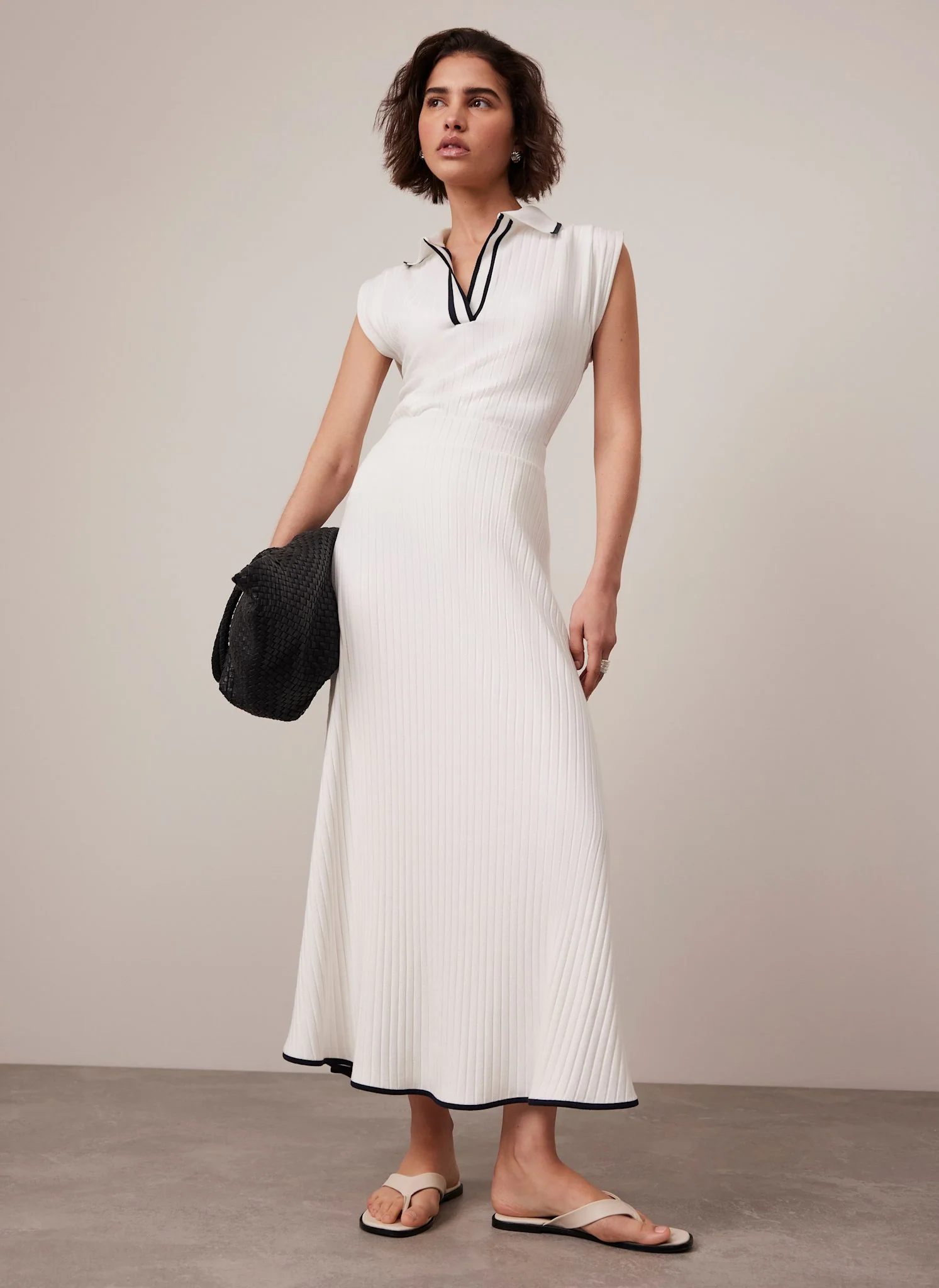 White Ribbed Contrast Hem Midi Skirt