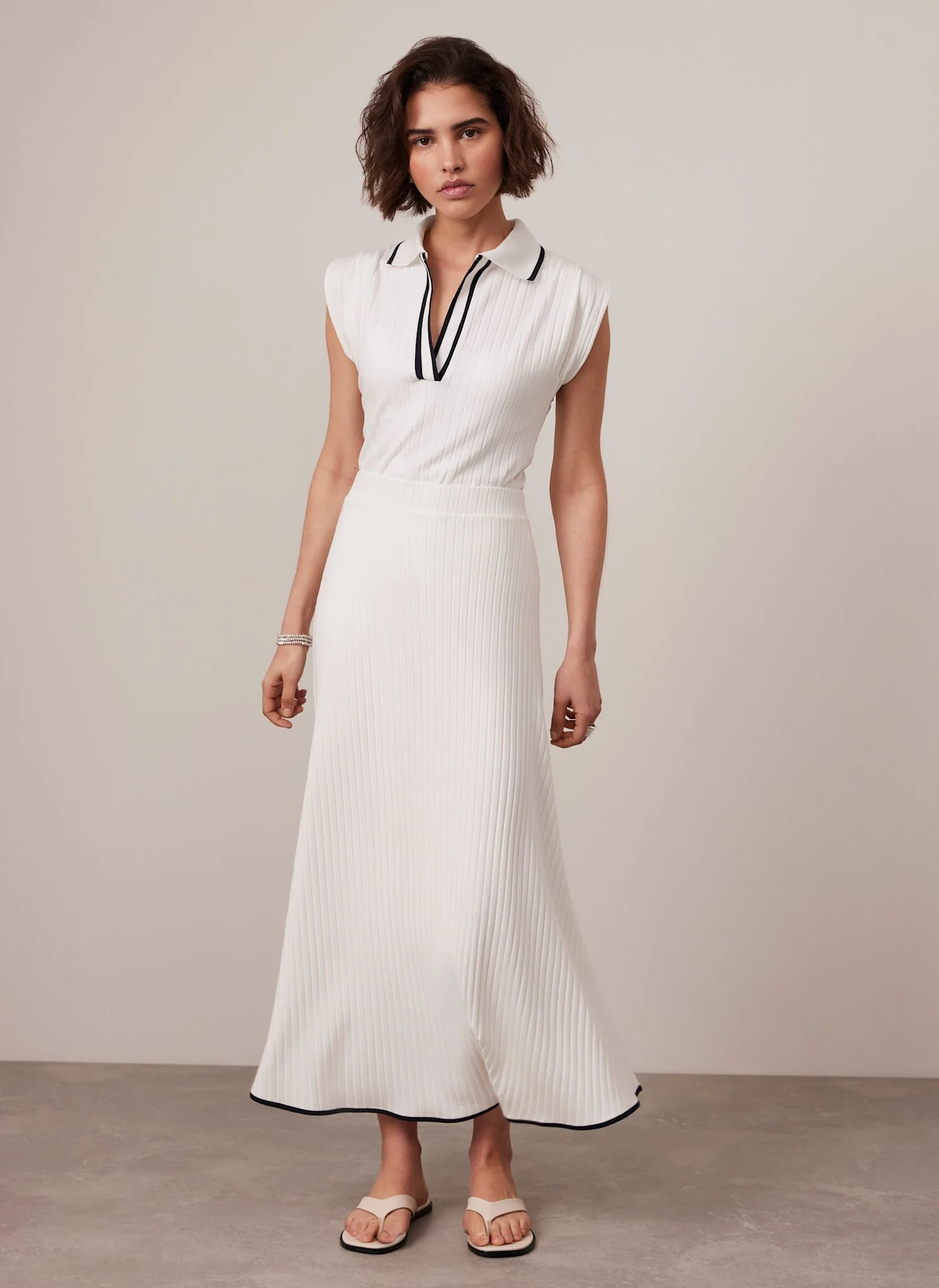 White Ribbed Contrast Hem Midi Skirt - Image 3