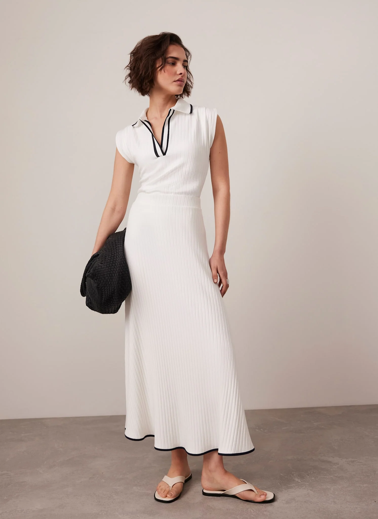 White Ribbed Contrast Hem Midi Skirt - Image 5