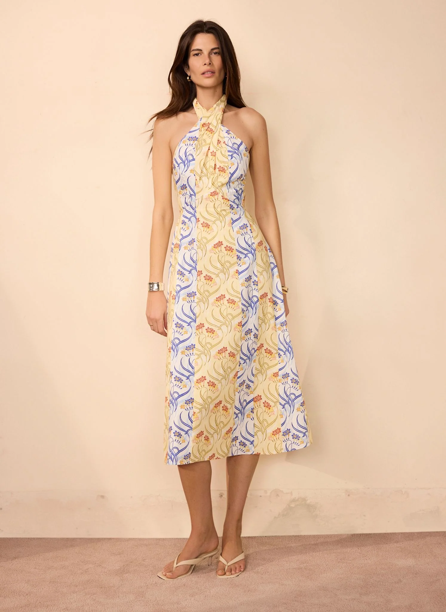 Yellow Cotton Floral Print Midi Dress - Image 3