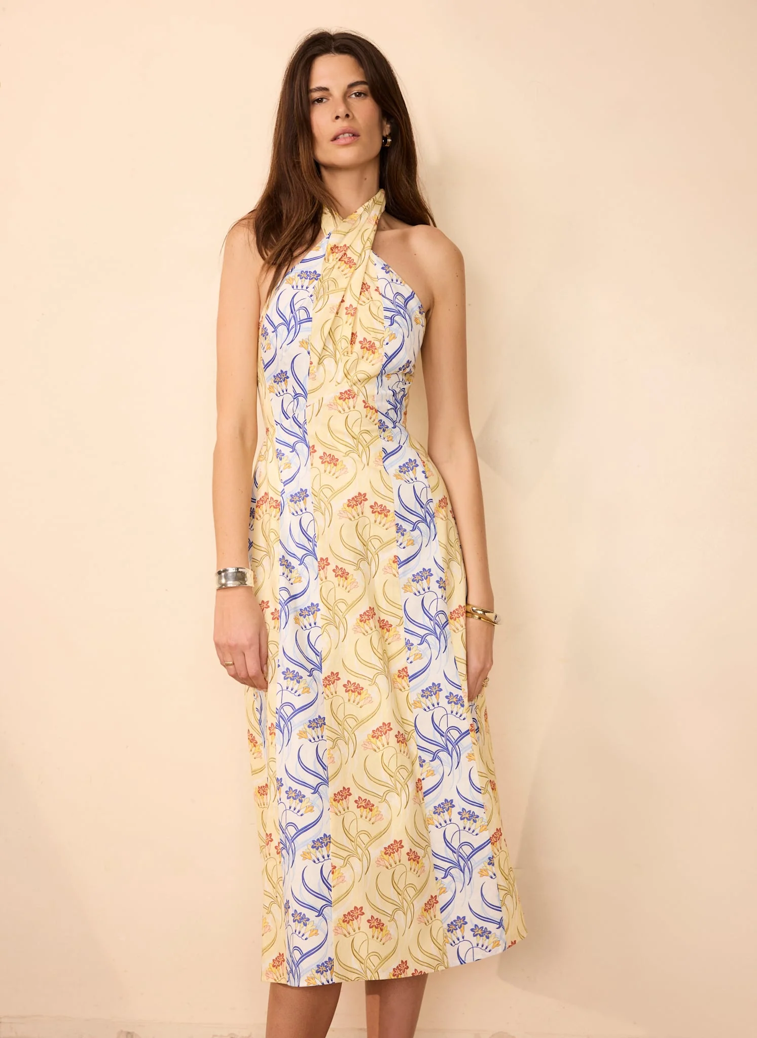 Yellow Cotton Floral Print Midi Dress - Image 6