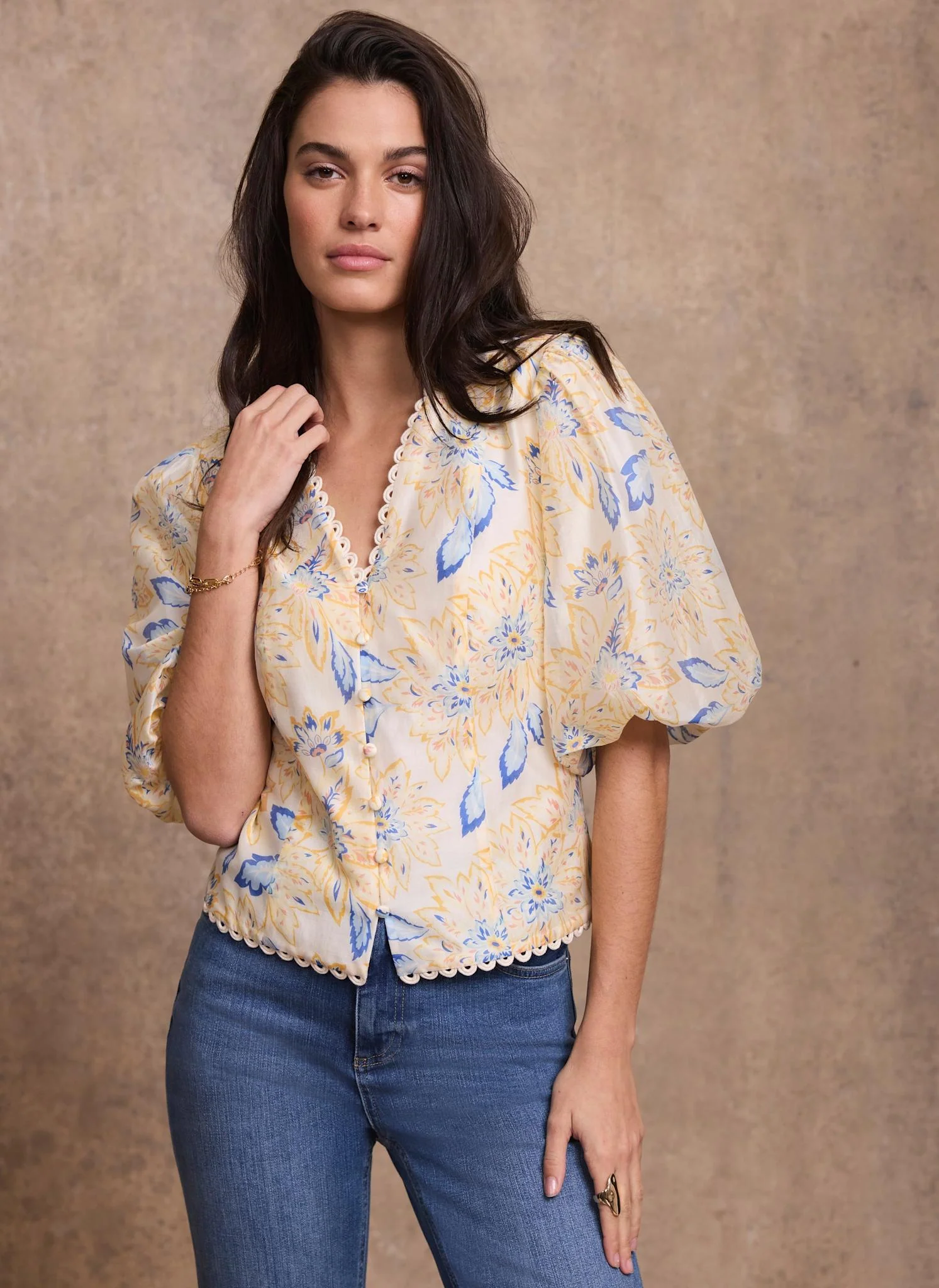 Yellow Floral Puff Sleeve Blouse - Image 2
