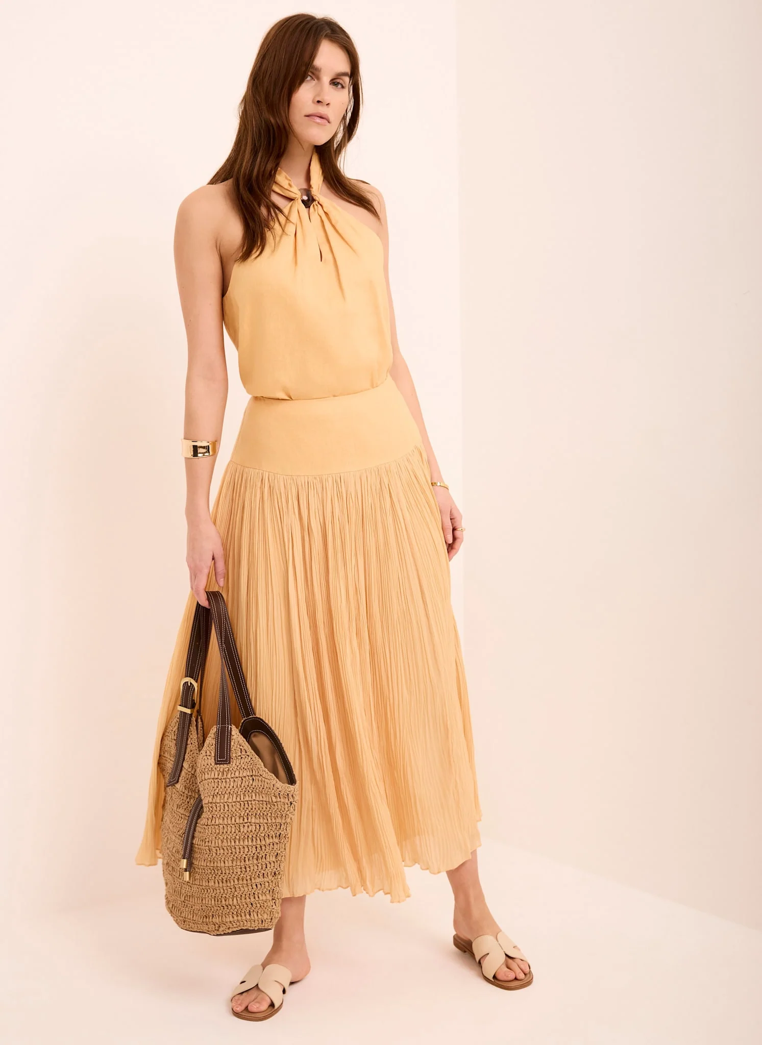 Yellow Drop Waist Crinkle Midi Skirt - Image 2
