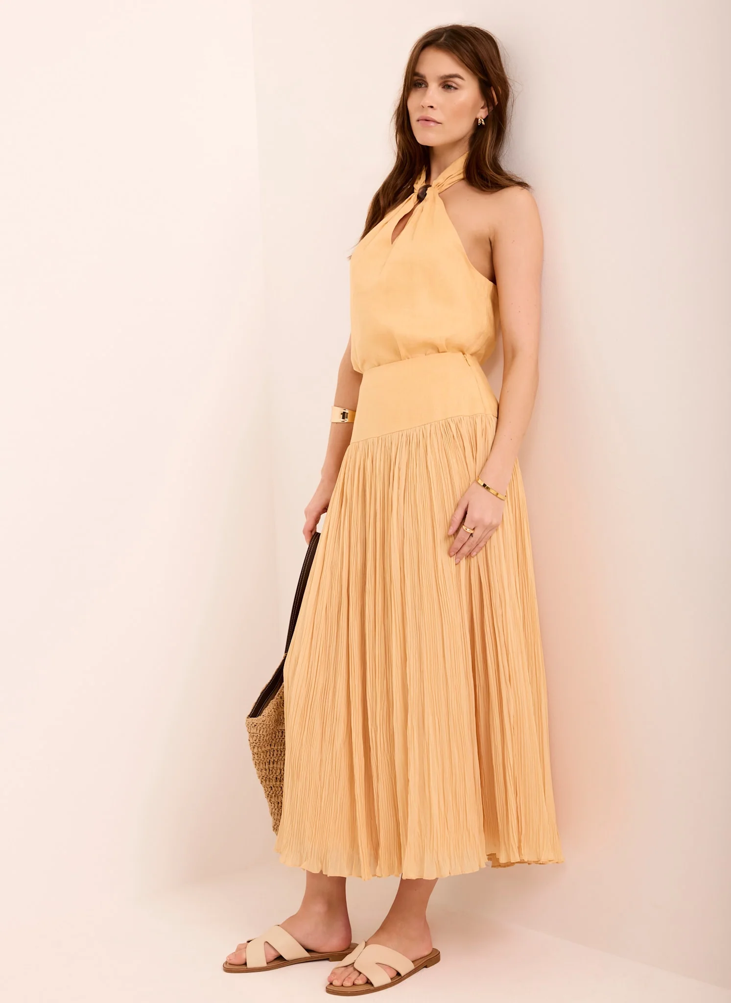 Yellow Drop Waist Crinkle Midi Skirt - Image 5