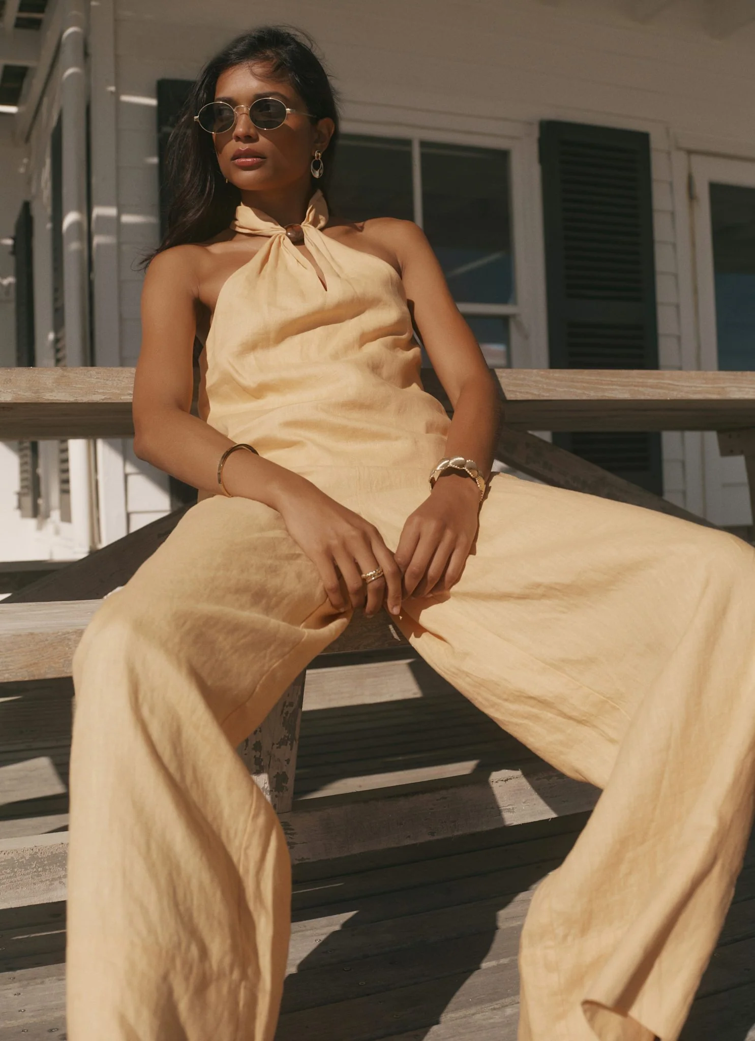 Yellow Linen Drawstring Wide Leg Trousers - Image 2