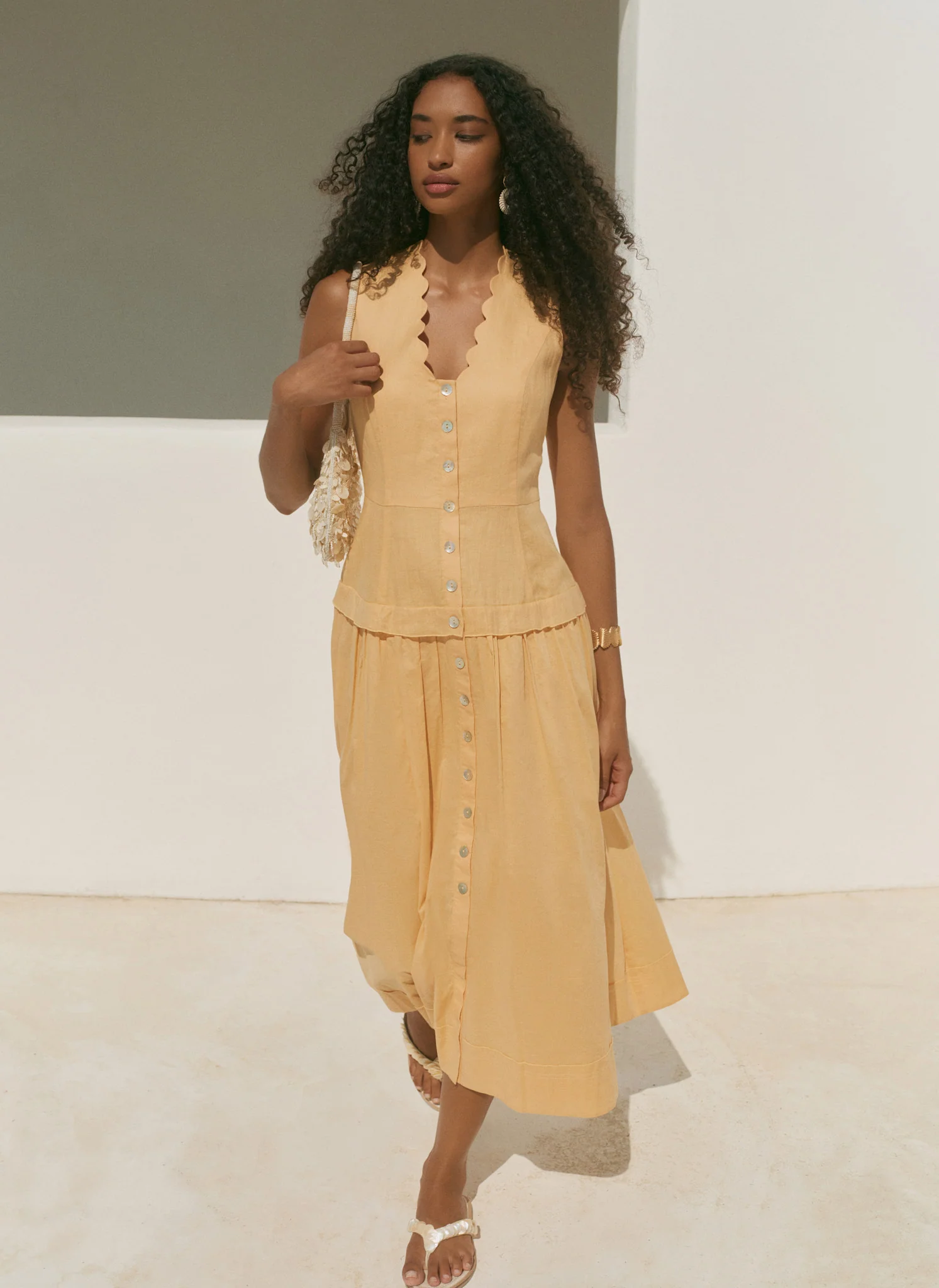 Yellow Ramie Drop Waist Midi Dress - Image 2