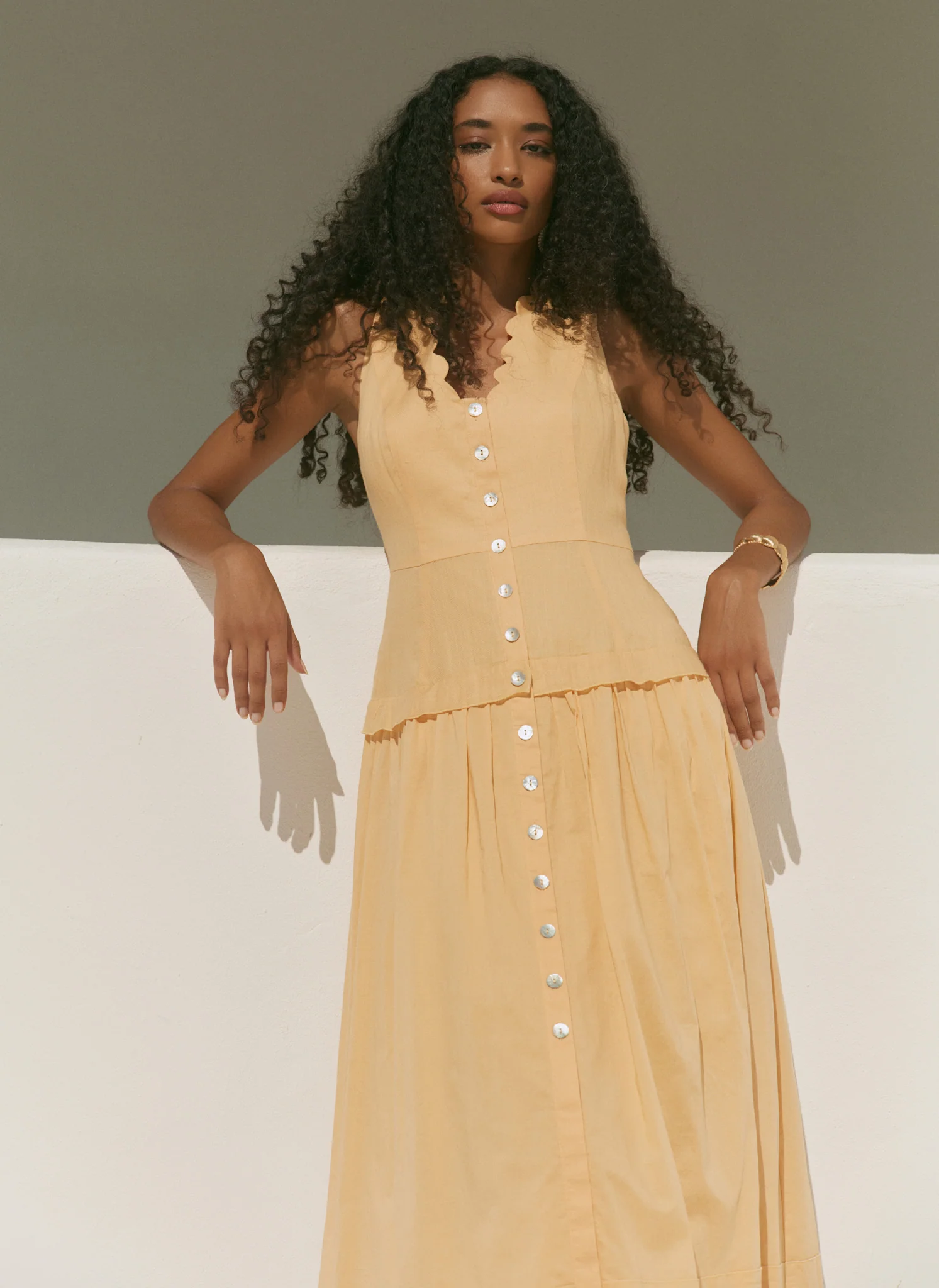 Yellow Ramie Drop Waist Midi Dress - Image 3