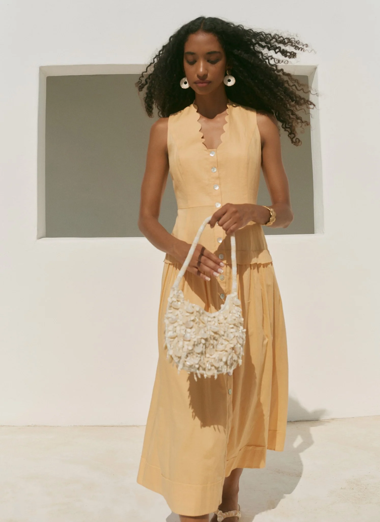 Yellow Ramie Drop Waist Midi Dress - Image 4