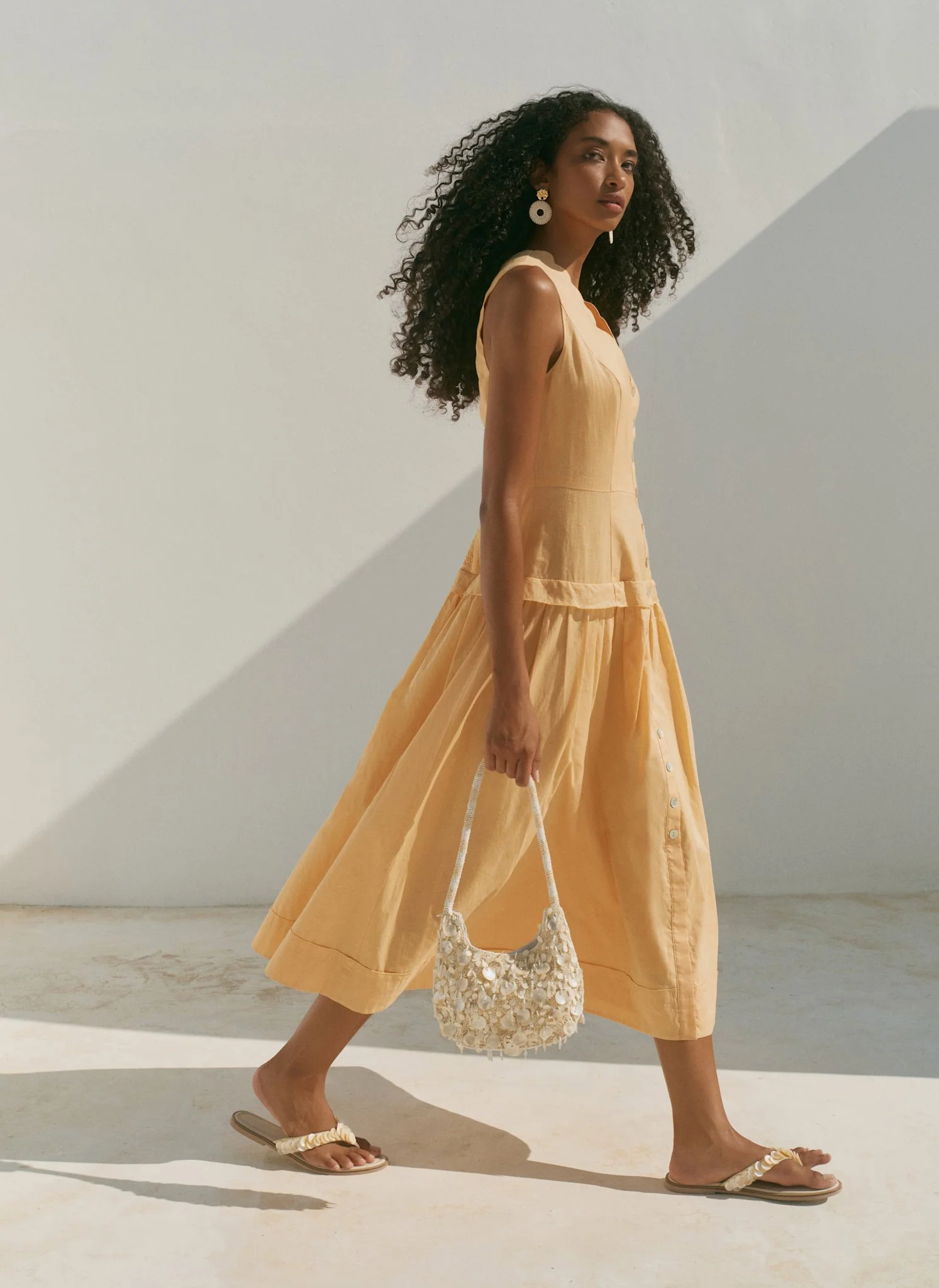 Yellow Ramie Drop Waist Midi Dress - Image 5