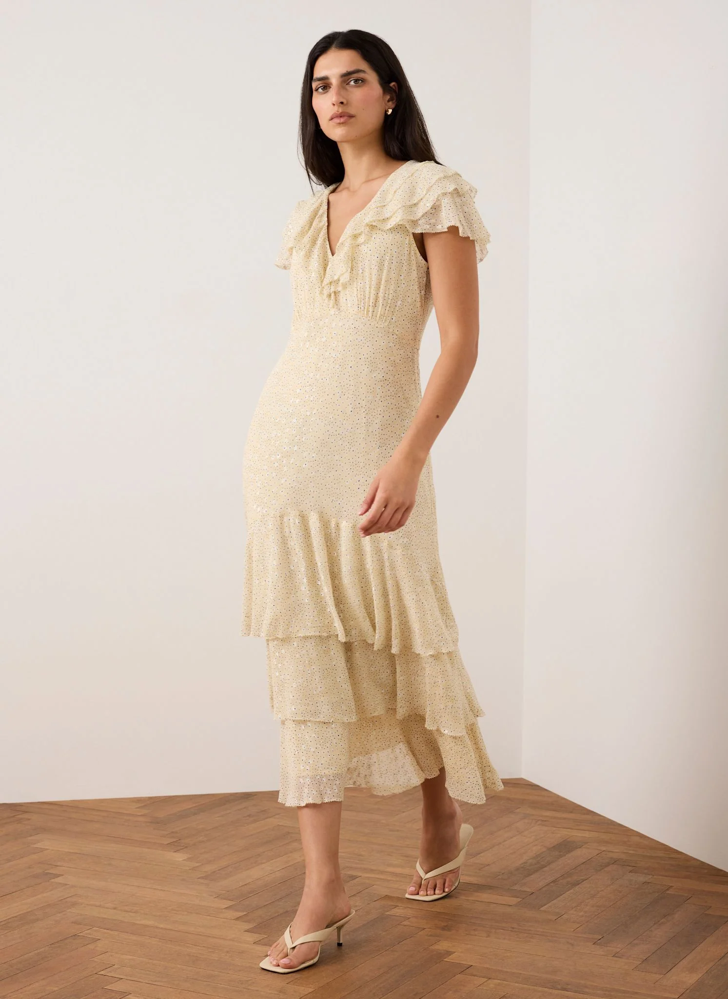 Yellow Ruffle Print Midi Dress - Image 2