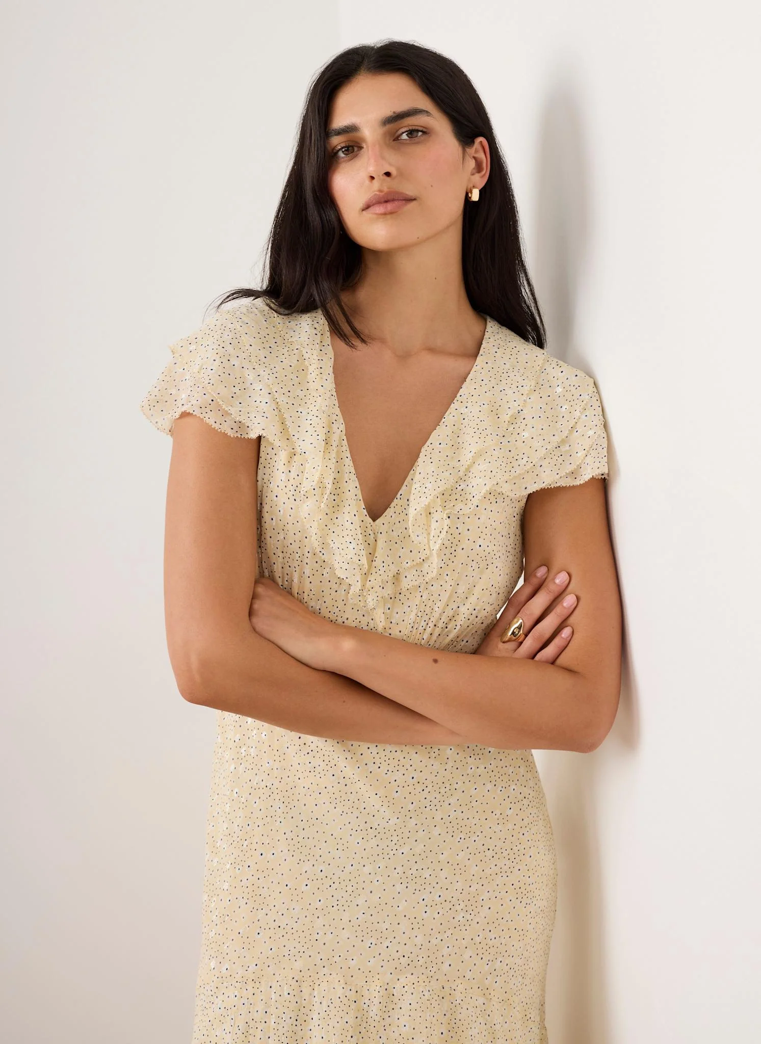 Yellow Ruffle Print Midi Dress - Image 3