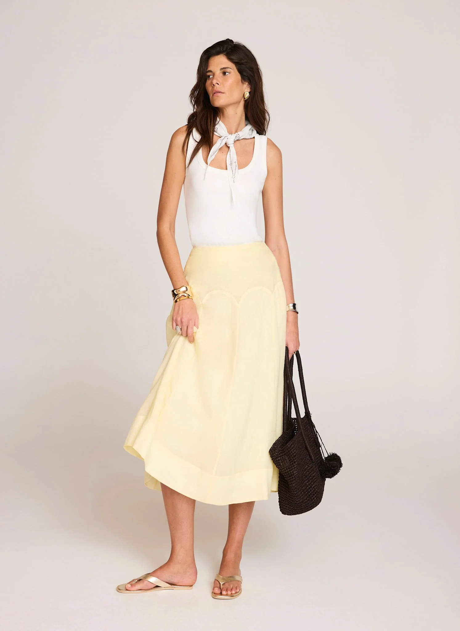 Yellow Ramie Drop Waist Midi Skirt