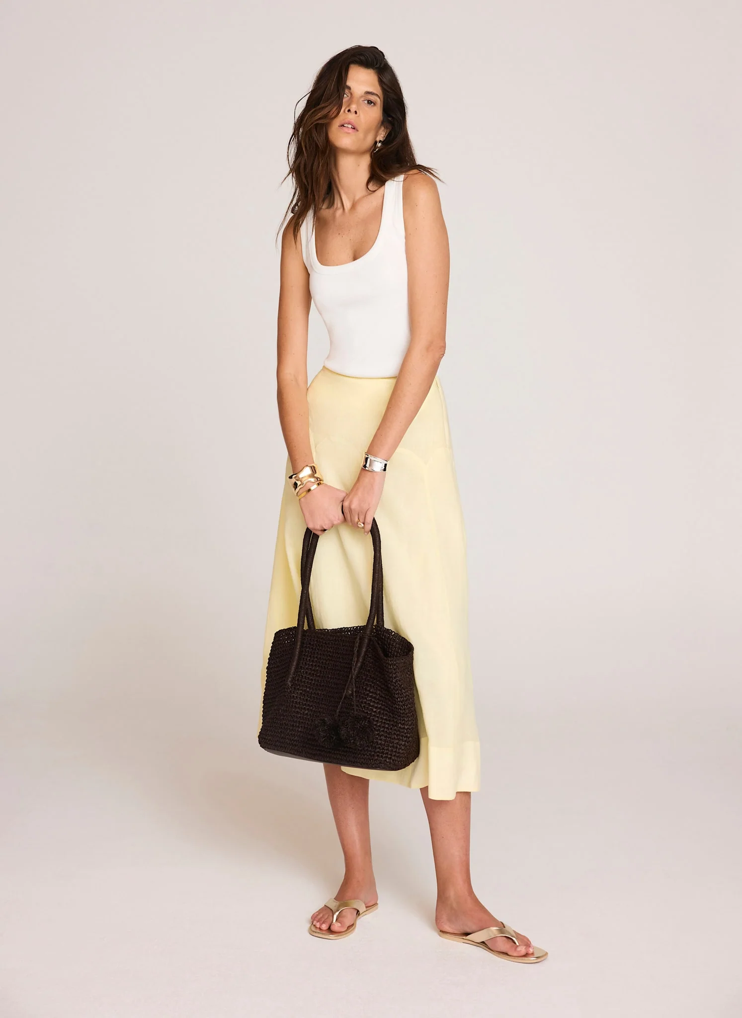 Yellow Ramie Drop Waist Midi Skirt - Image 2