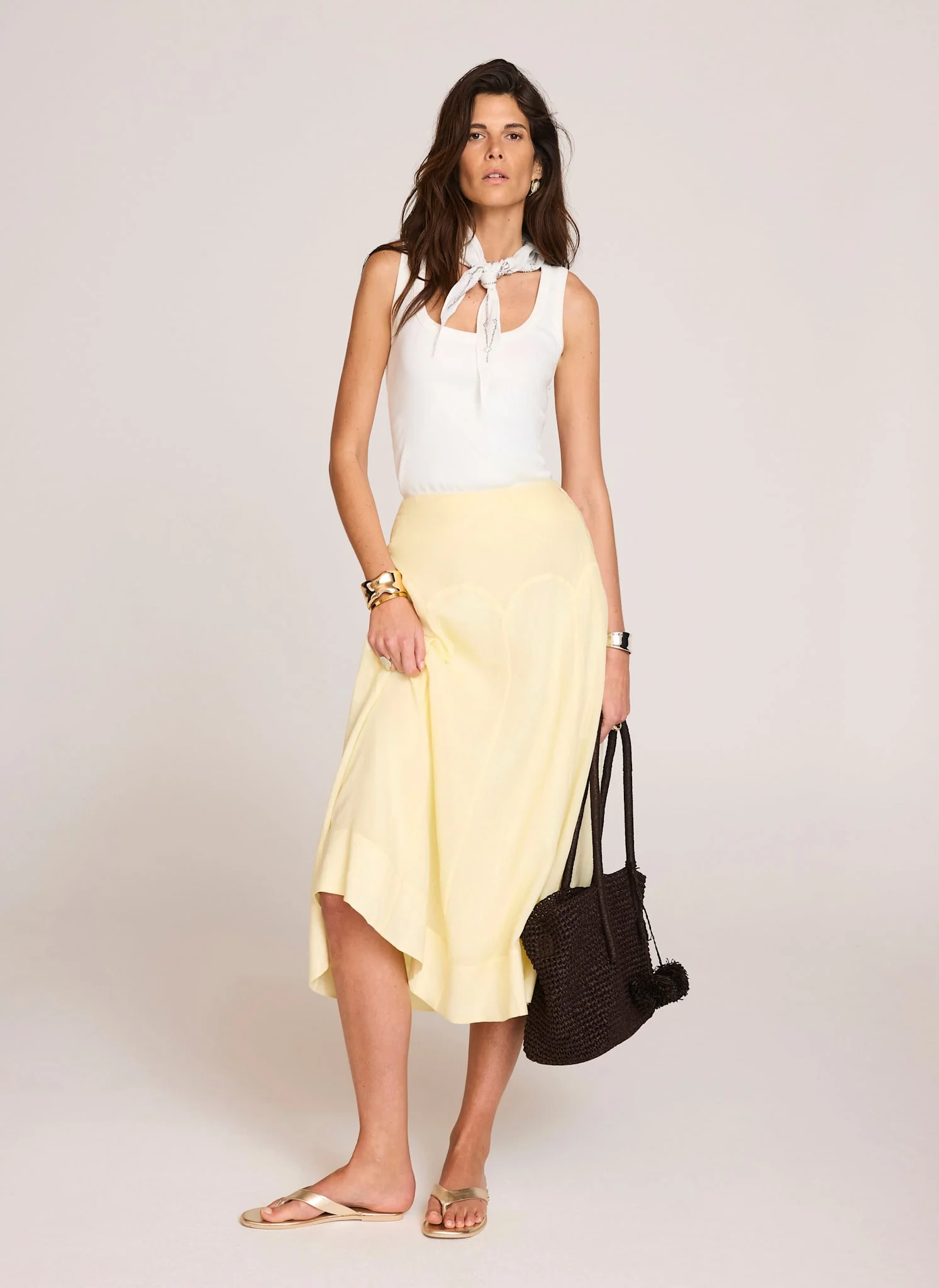Yellow Ramie Drop Waist Midi Skirt - Image 4