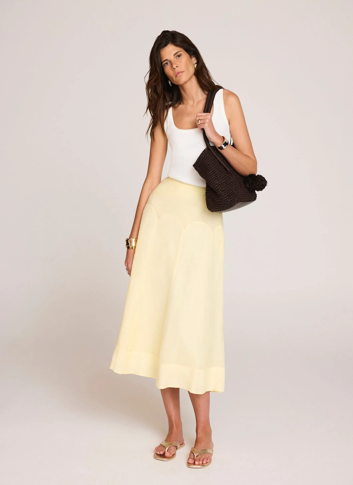 Yellow Ramie Drop Waist Midi Skirt - Image 5