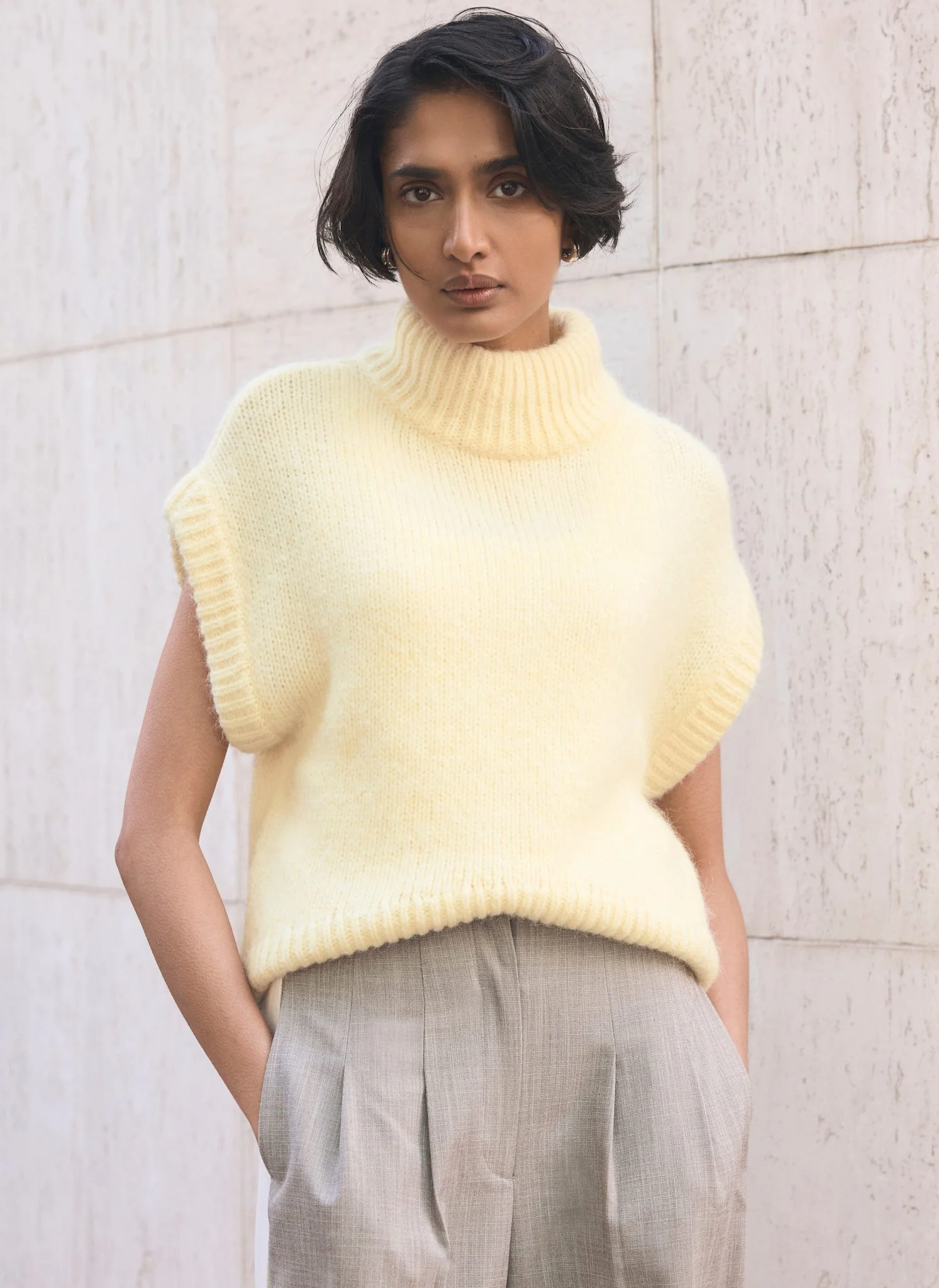 Butter Yellow Wool Blend High Neck Knit Top - Image 3