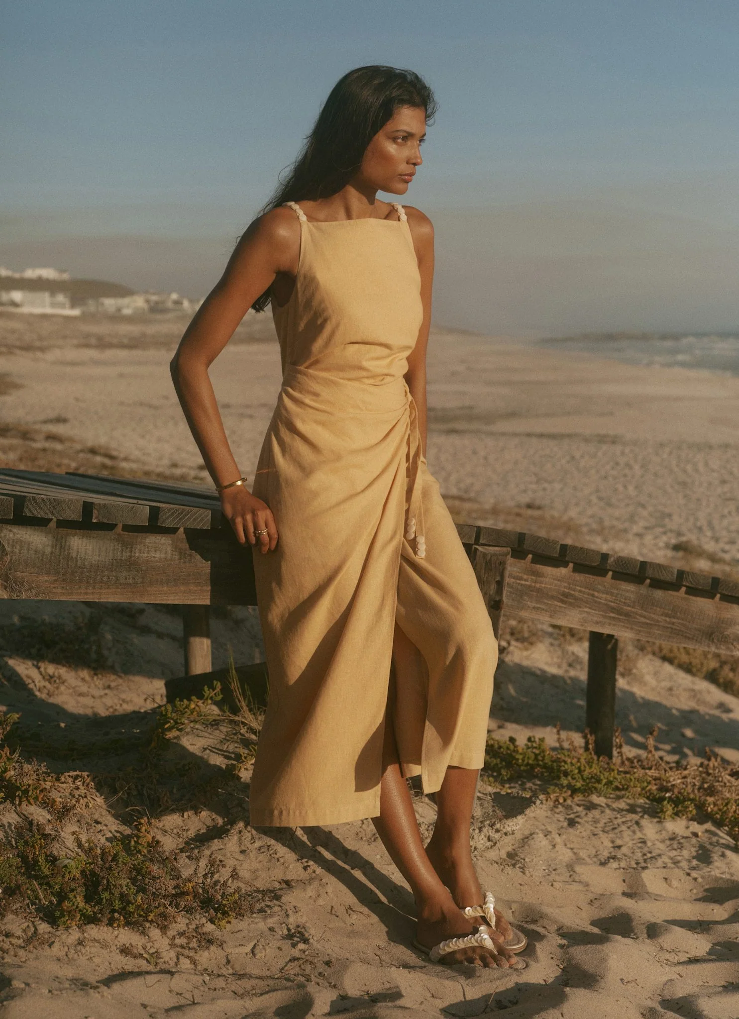 Yellow Linen Blend Wrap Midi Dress - Image 3