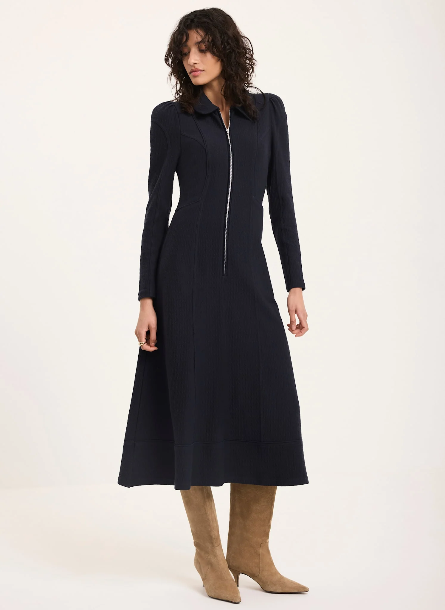 Navy Textured Zip Detail Midi Dress - Image 5